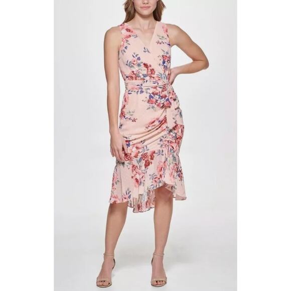 Eliza J Sleeveless Floral Ruched Chiffon Faux Wrap Dress in Blush midi size 14 - Picture 1 of 6